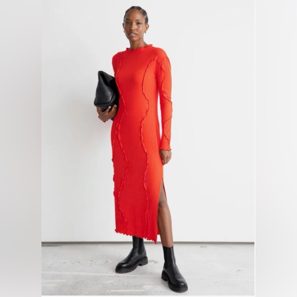 & OTHER STORIES Red Frilled Rib Midi Dress